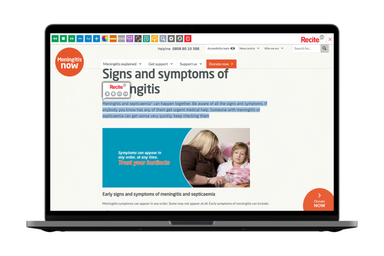 Laptop with Meningitis Now website using the Recite Me assistive toolbar