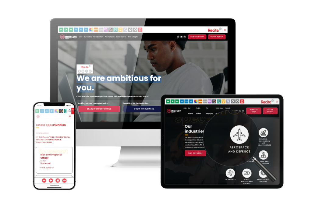 Desktop, mobile and tablet with Morson website using the Recite Me assistive toolbar