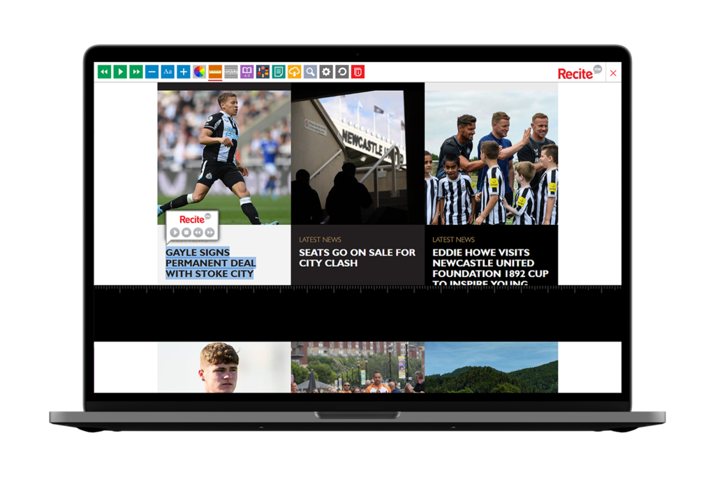 Laptop with Newcastle United FC website using the Recite Me assistive toolbar
