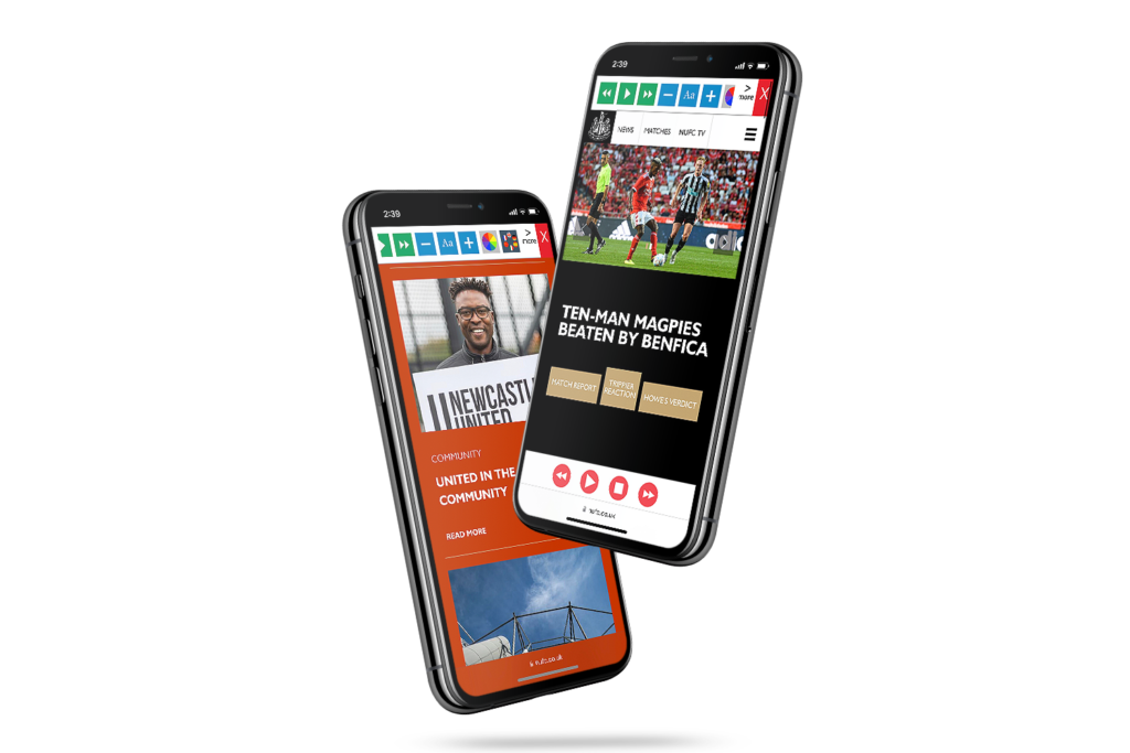 Mobiles with Newcastle United FC website using the Recite Me assistive toolbar