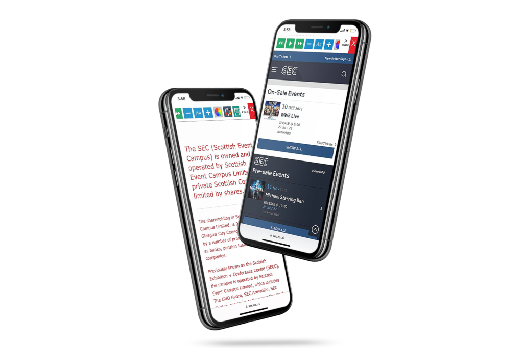 Mobiles with Scottish Event Campus website using the Recite Me assistive toolbar