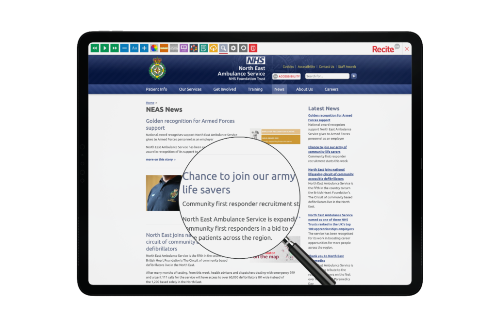 Tablet with North East Ambulance website using the Recite Me assistive toolbar