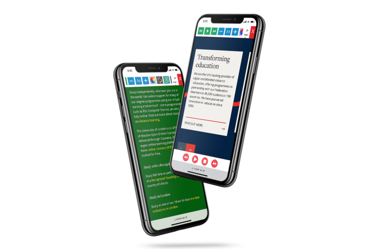 Mobiles with University of London website using the Recite Me assistive toolbar