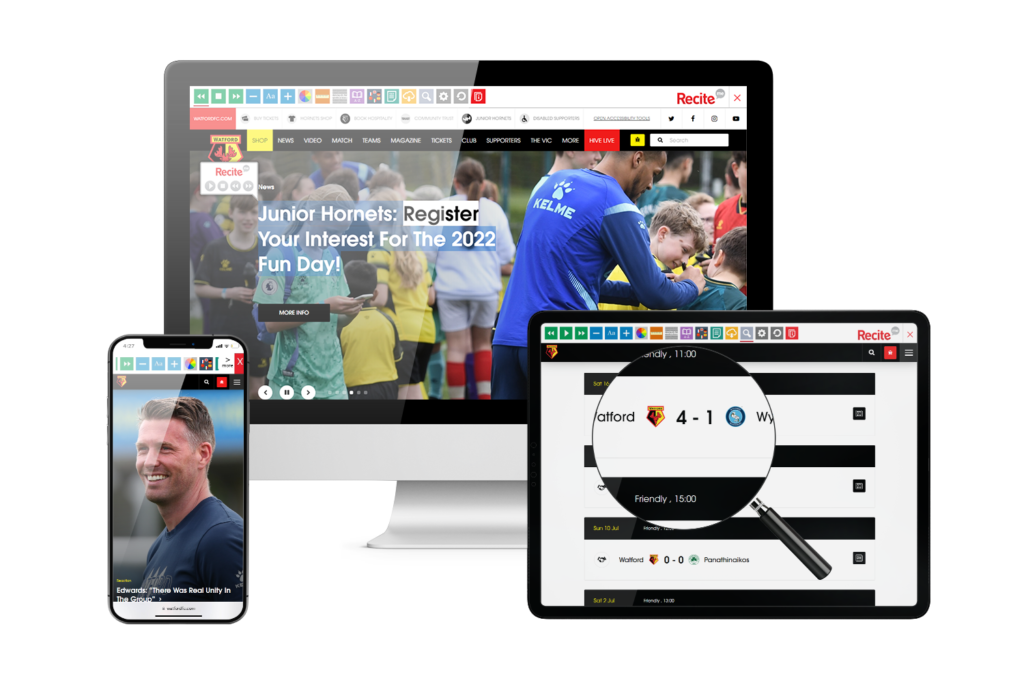 Desktop, mobile and tablet with Watford Football Club website using the Recite Me assistive toolbar