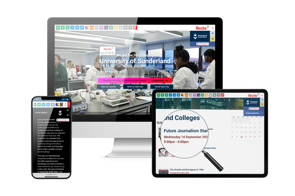 Desktop, mobile and tablet with University of Sunderland website using the Recite Me assistive toolbar