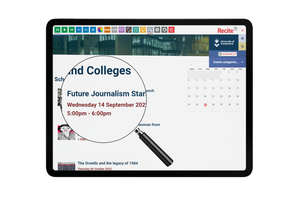 Tablet with University of Sunderland website using the Recite Me assistive toolbar