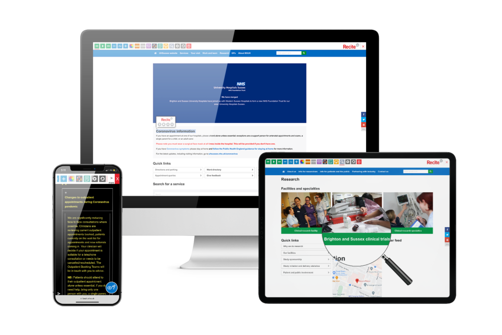 Desktop, mobile and tablet with Brighton and Sussex University Hospitals NHS Trust website using the Recite Me assistive toolbar