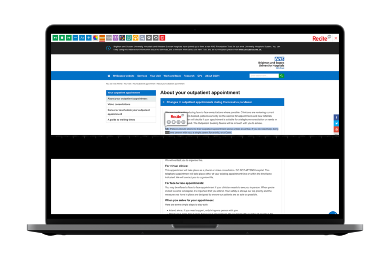 Laptop with Brighton and Sussex University Hospitals NHS Trust website using the Recite Me assistive toolbar