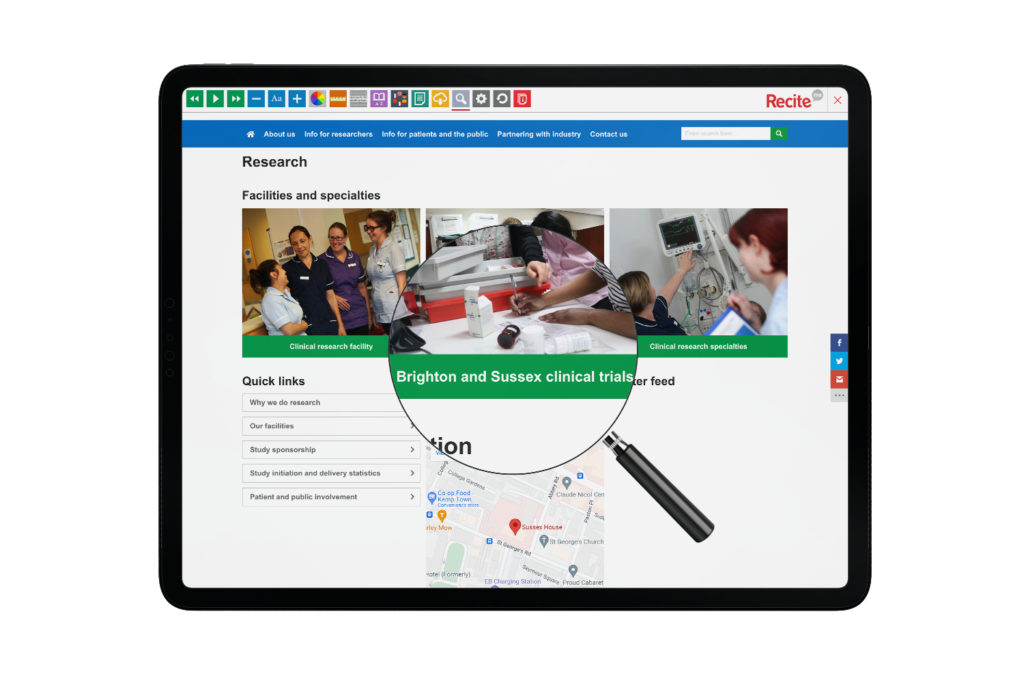 Tablet with Brighton and Sussex University Hospitals NHS Trust website using the Recite Me assistive toolbar