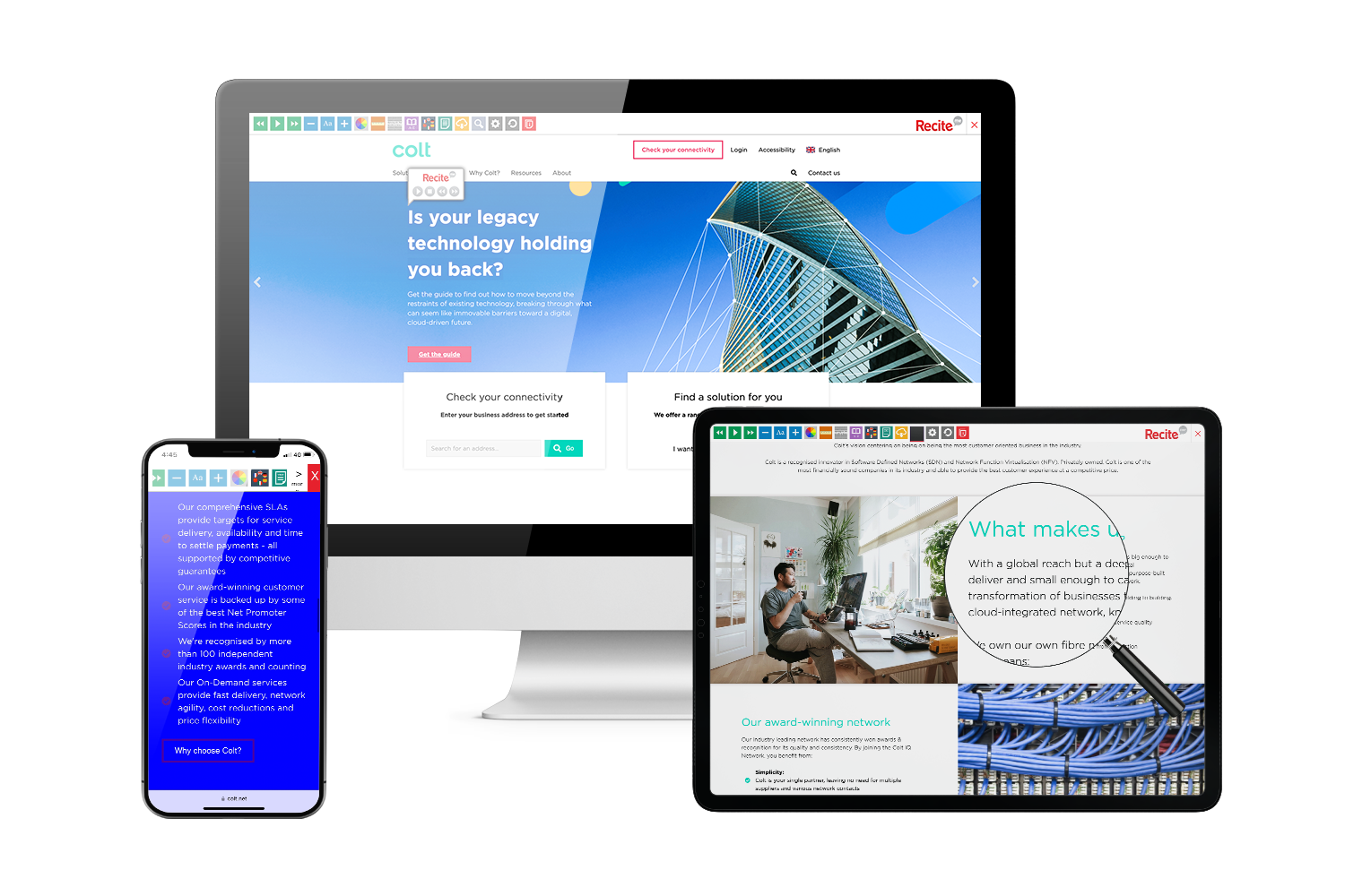 Desktop, mobile and tablet with Colt website using the Recite Me assistive toolbar