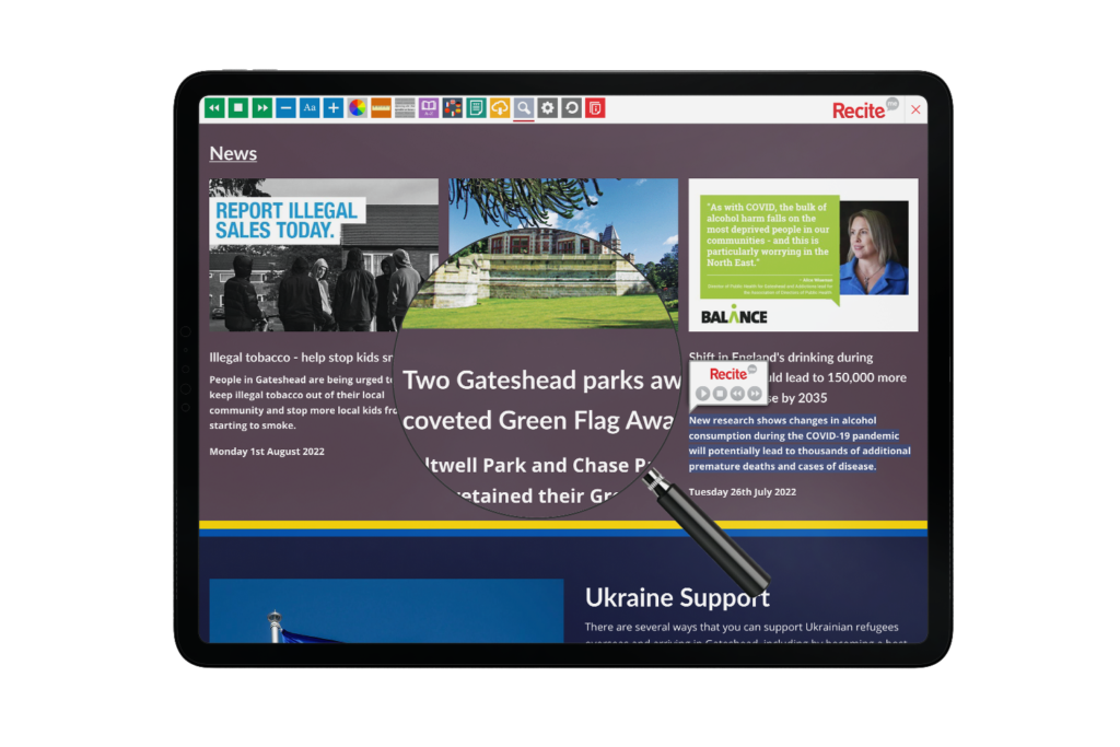 Tablet with Gateshead Council website using the Recite Me assistive toolbar