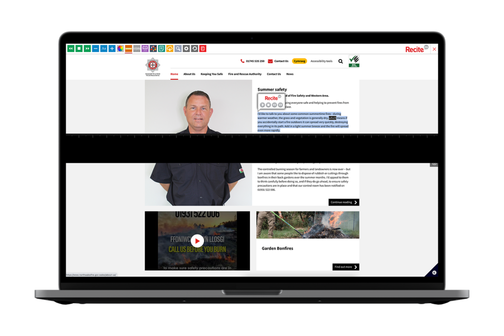 Laptop with North Wales Fire & Rescue website using the Recite Me assistive toolbar