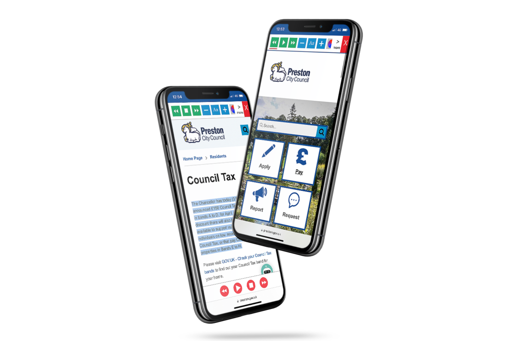 Mobiles with Preston City Council website using the Recite Me assistive toolbar