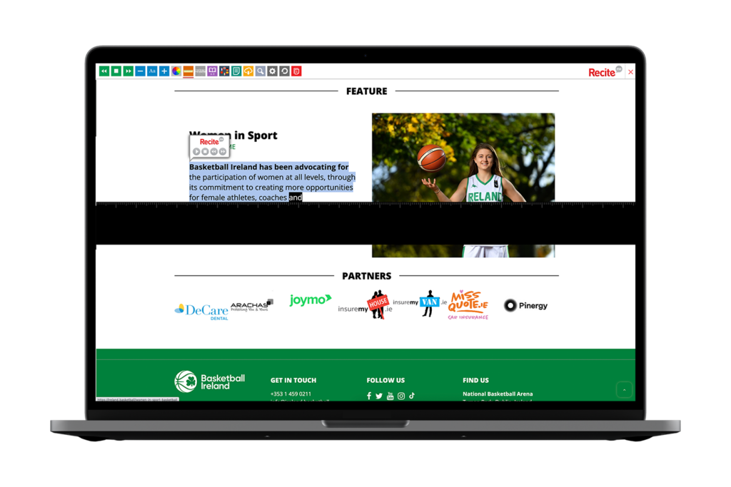 Basketball Ireland website with Recite Me onscreen