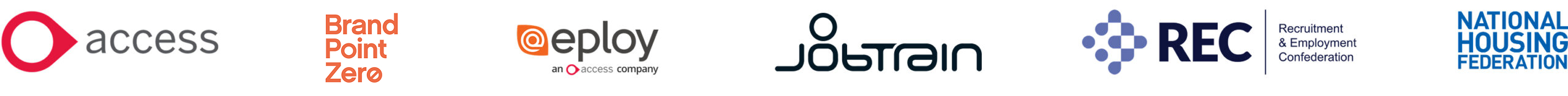 A row of partner logos including Access, Brand Point Zero, Eploy, Jobtrain, the Recruitment & Employment Confederation (REC), and the National Housing Federation.