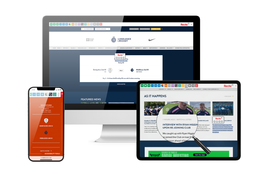 Middlesex Cricket website with Recite Me loaded on multiple screens