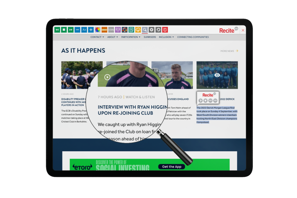 Middlesex Cricket website with Recite Me on tablet screen