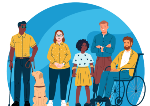 decorative cartoon illustration of 5 people of different ages, ethnicities and abilities