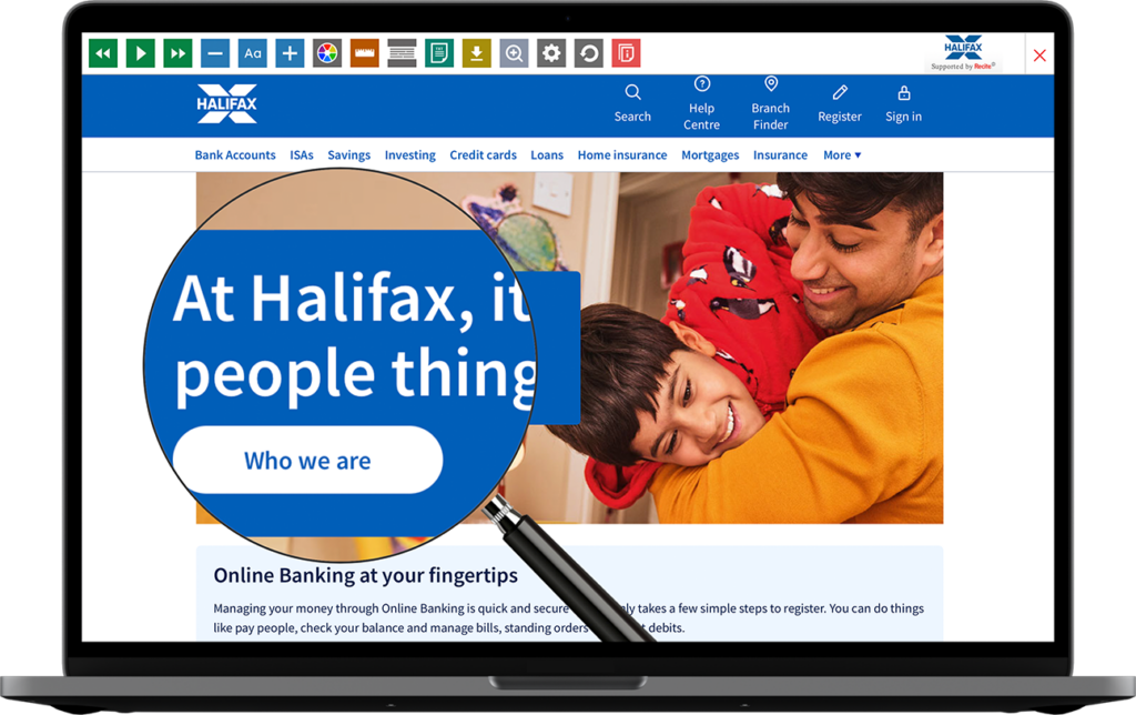 Halifax webiste with Recite Me onscreen