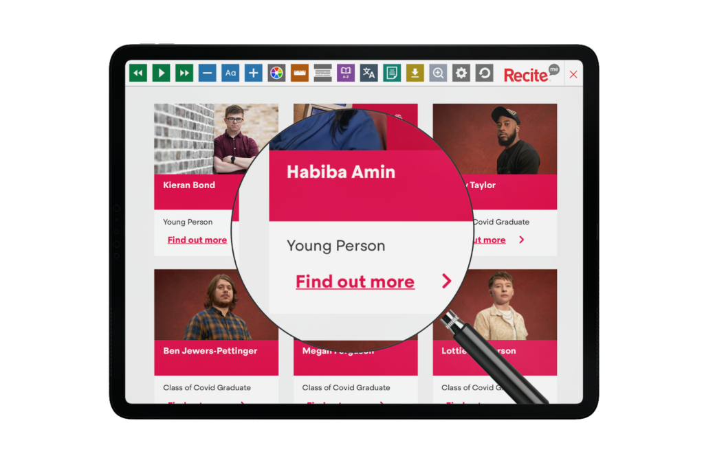 Prince's Trust website with Recite Me toolbar on tablet screen
