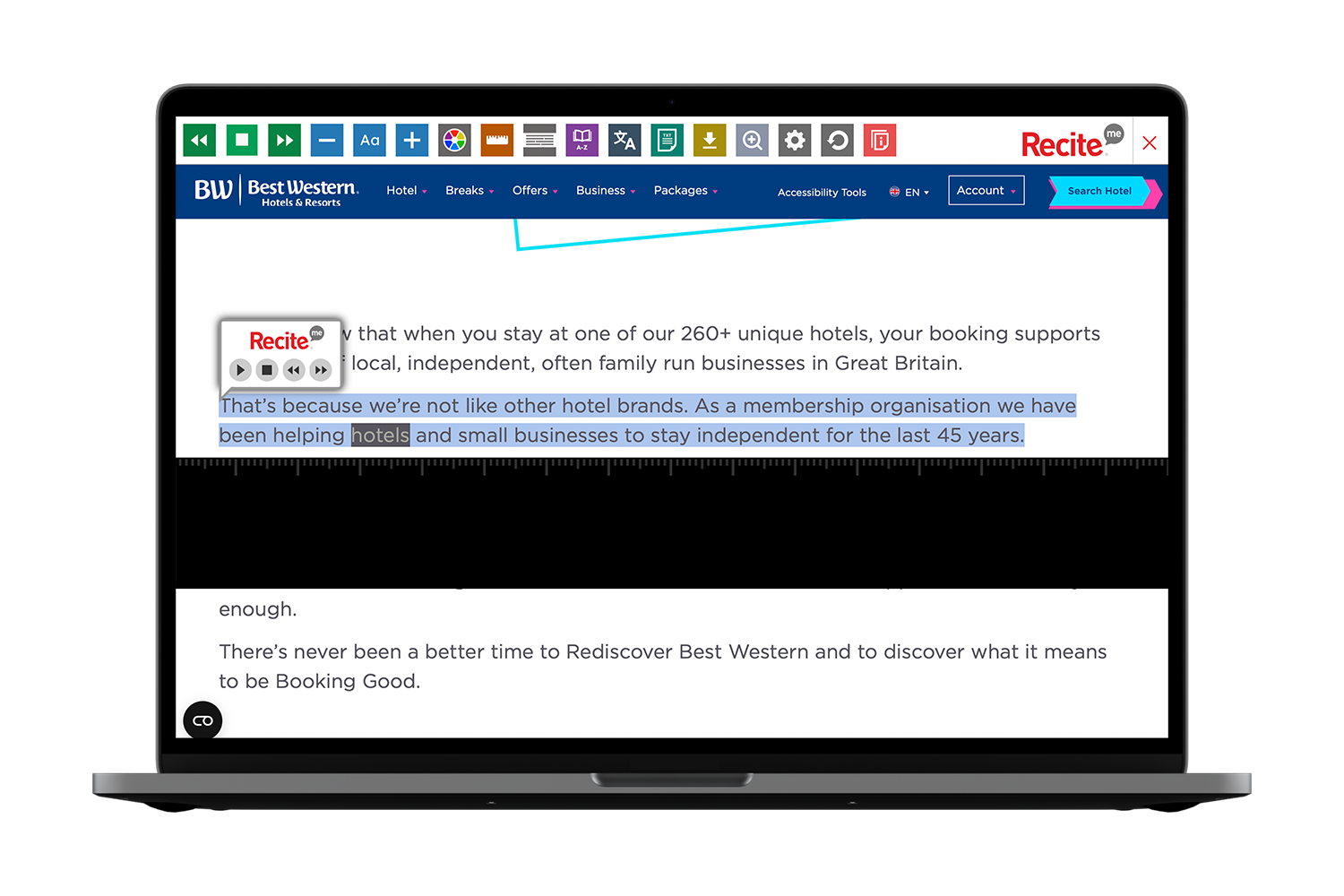 Best Western Hotel website with Recite Me toolbar onscreen
