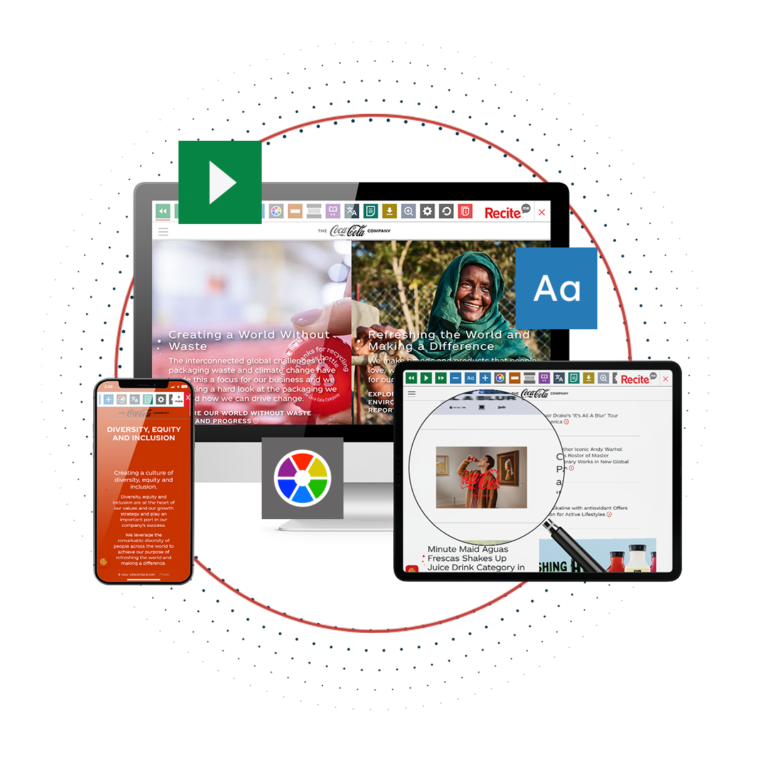 coca-cola website open on different devices with the recite me toolbar launched