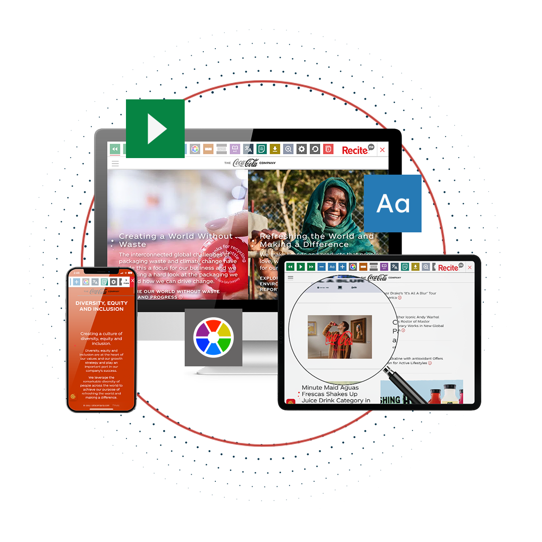 coca-cola website open on different devices with the recite me toolbar launched