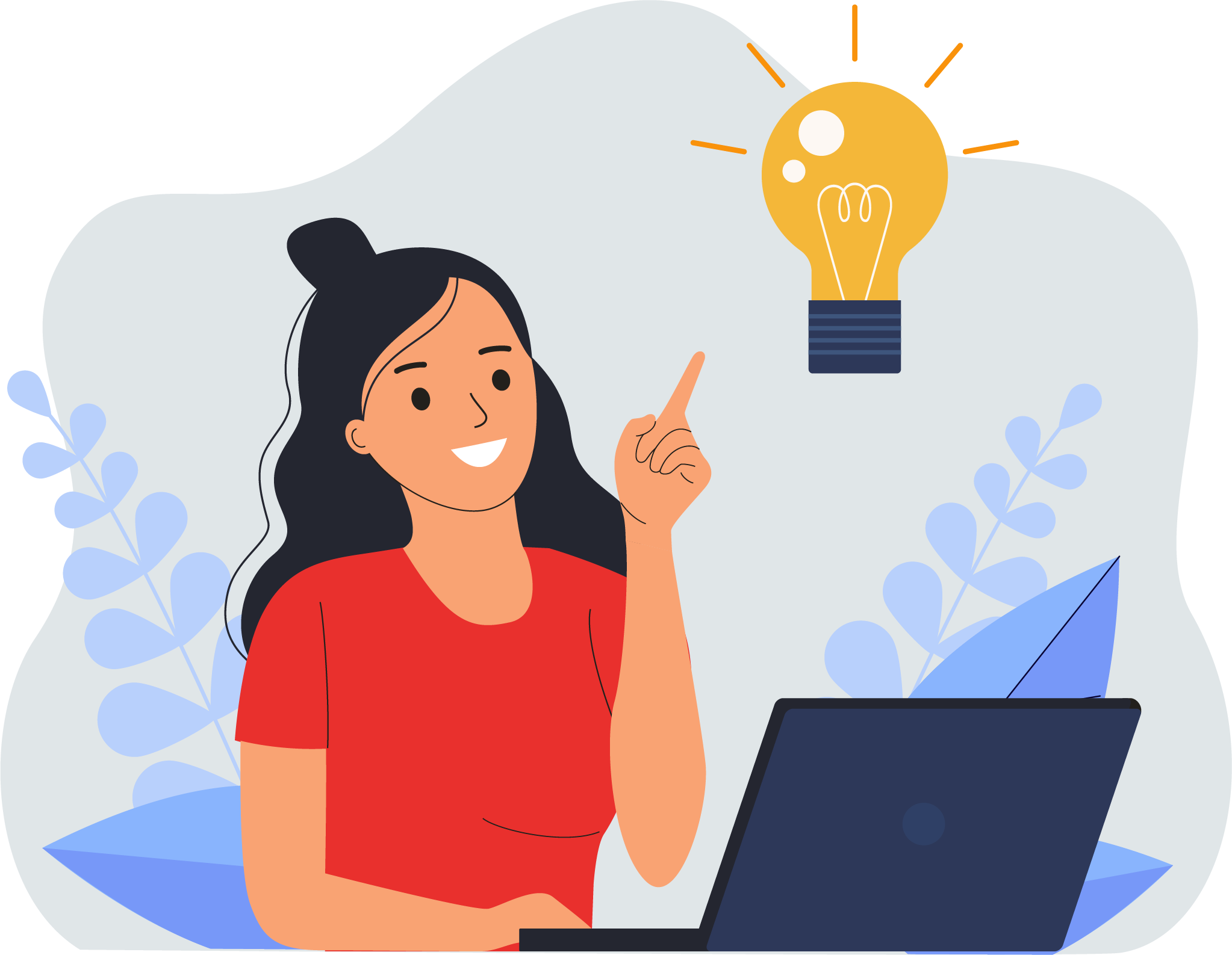 illustration of woman thinking with a light bulb moment