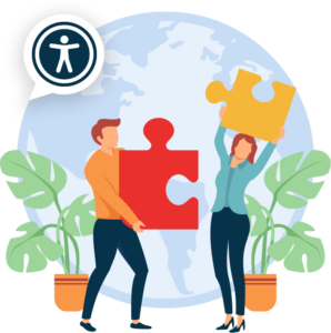 globe illustration with people infront holding jigsaw pieces
