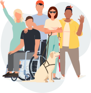 group of people waving with visible and hidden disabilities