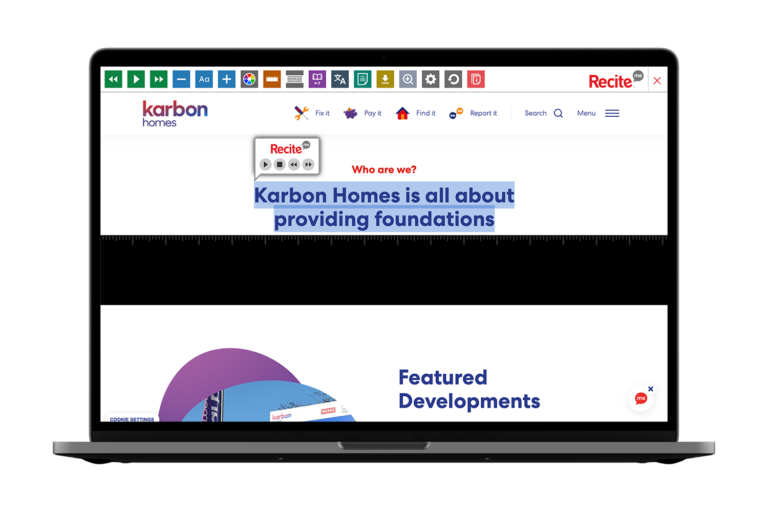 Karbon Homes website with Recite Me tools being used onscreen
