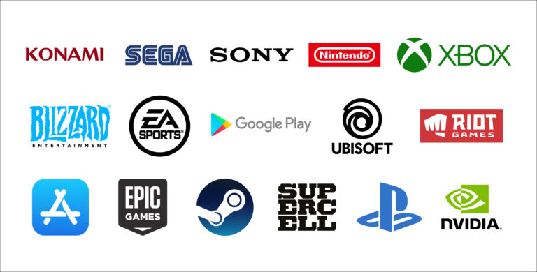 World top famous and important Gaming industry logos. Vector Company Symbols. Konami, Sega, Sony, Xbox, Playstation, Steam, Epic Games, Nvidia.