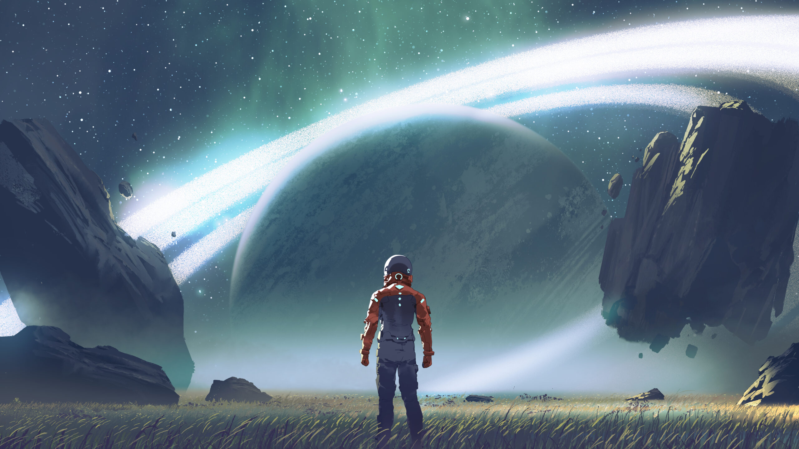 An illustration showing a futuristic astronaut standing in a low profile field. They are gazing up at the gigantic gas planet that is just above the atmosphere, which is joined by 2 floating astroids.