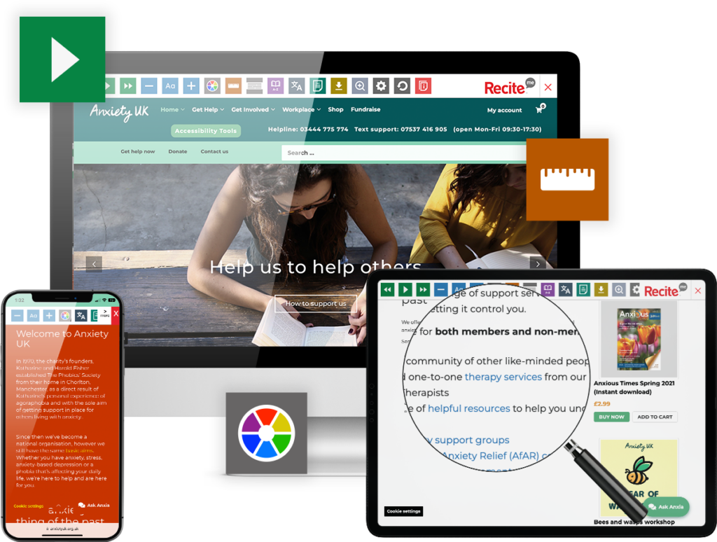 Recite Me toolbar being used on the Anxiety UK website