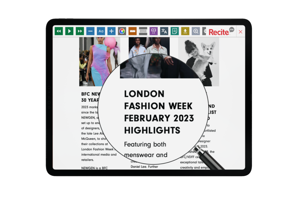 British Fashion Council website with Recite Me assistive tools being used onscreen