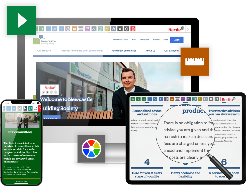 Newcastle Building Society website with the Recite Me toolbar being used onscreen