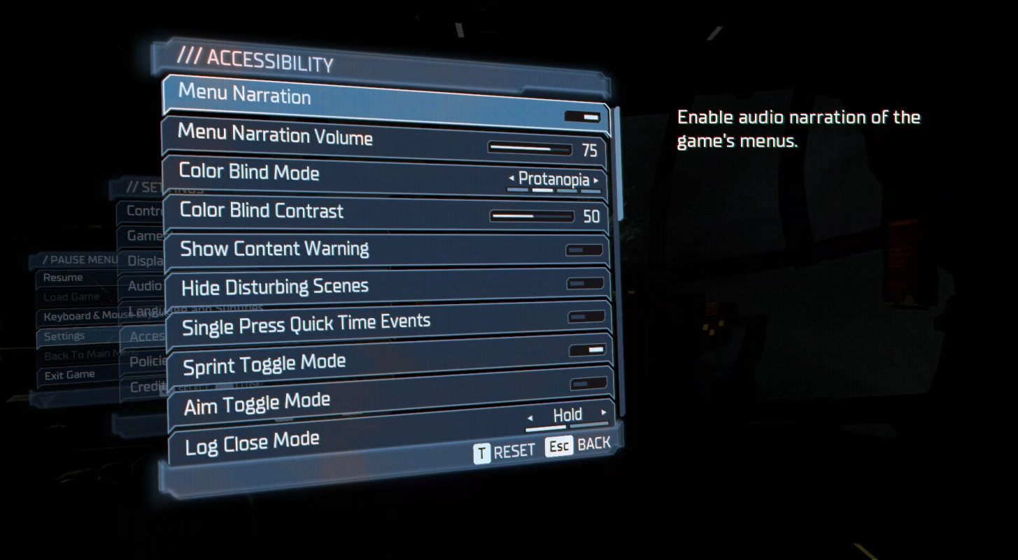 A screenshot of the Accessibility Menu on Electronic Art's Dead Space remake. Options on the 1st of 3 menus include menu narration, colour blind mode, single press quicktime events & many more.