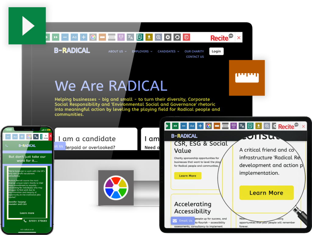 B-Radical website open on different devices with the toolbar launched