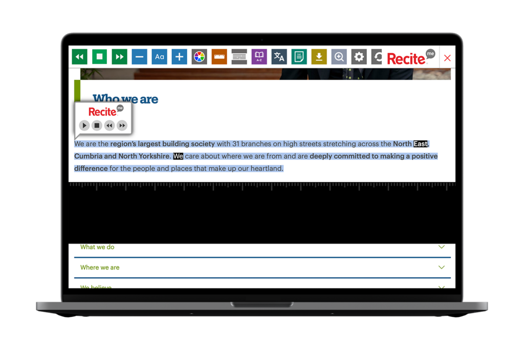 Newcastle Building Society website with the Recite Me toolbar being used onscreen