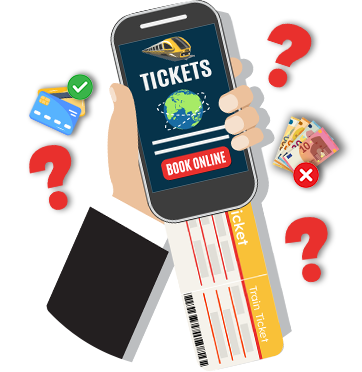 illustration of mobile phone with tickets on the screen surrounded by question marks