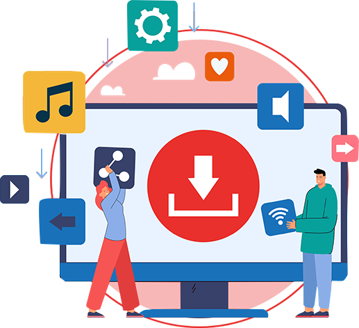 An illustration showing all the multimedia options for a website including music, volume settings, videos and download buttons