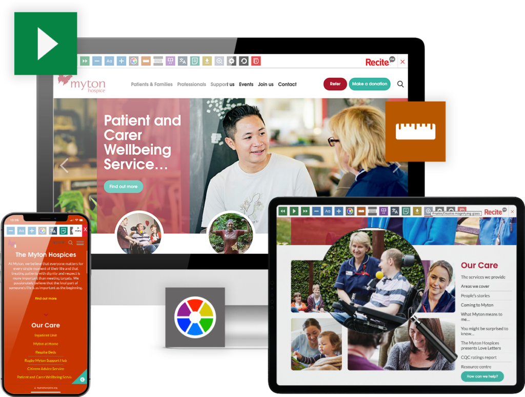 Myton hospice website open on different devices with the recite me toolbar launched