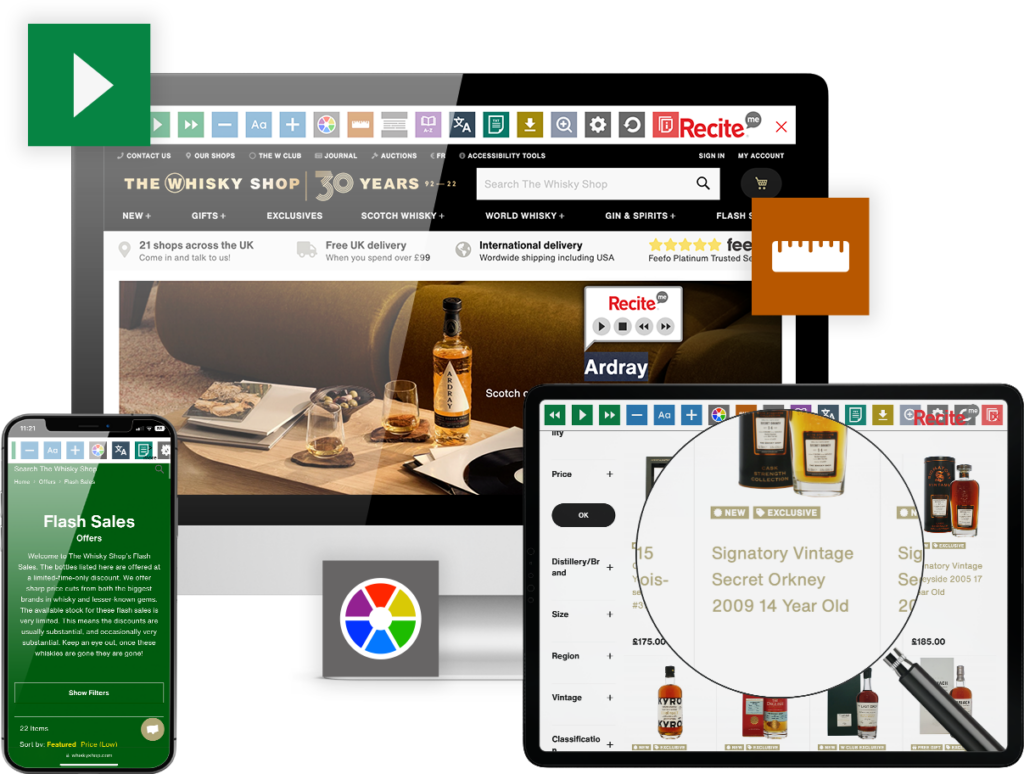 The Recite Me toolbar being used on the Whisky Shop website