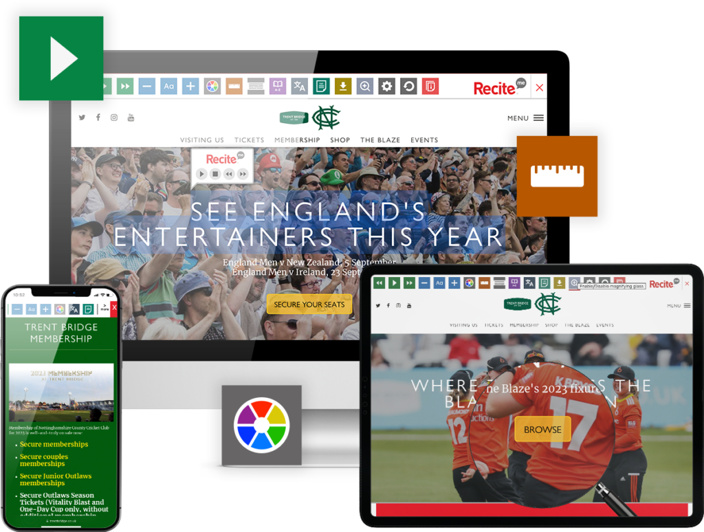 Trent Bridge website with the Recite Me toolbar being used on screen