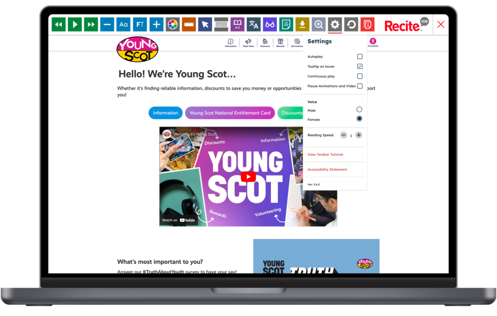 Mock-up of the Recite Me toolbar being used on the Young Scot website.