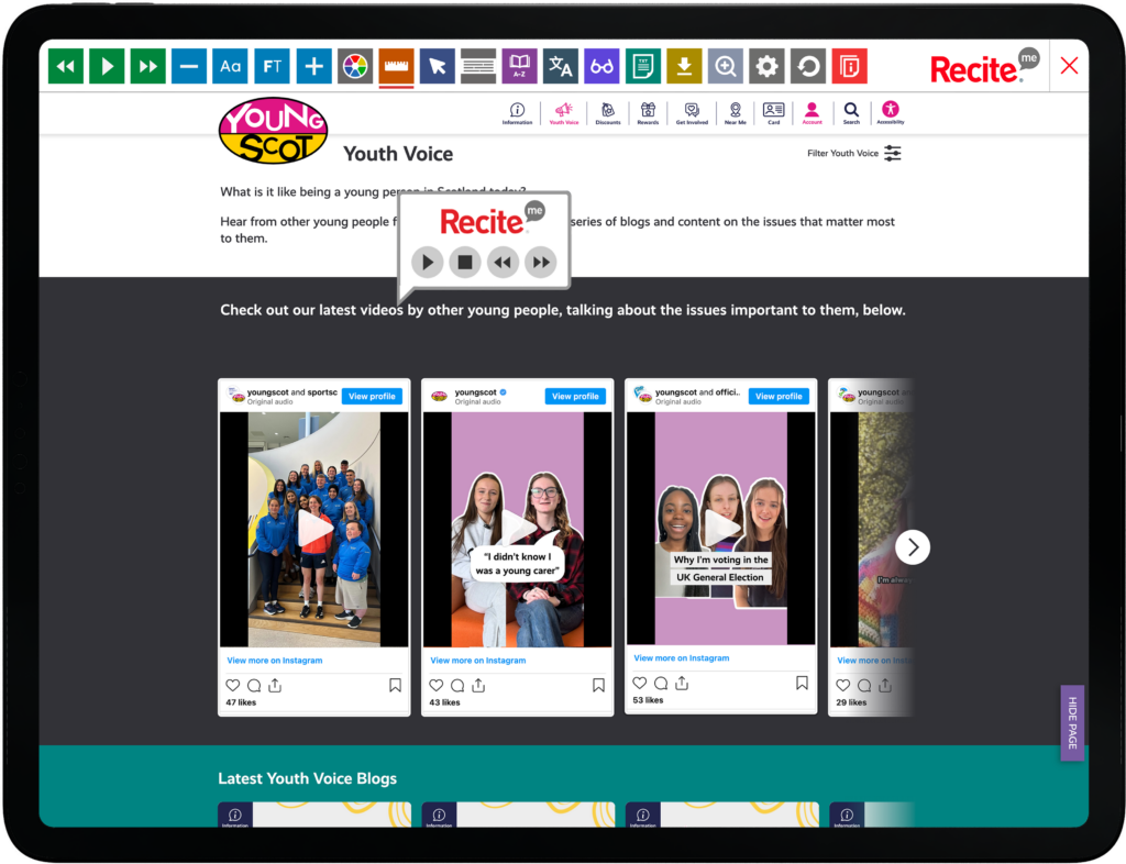 Mock-up of the Recite Me toolbar being used on the Young Scot website.