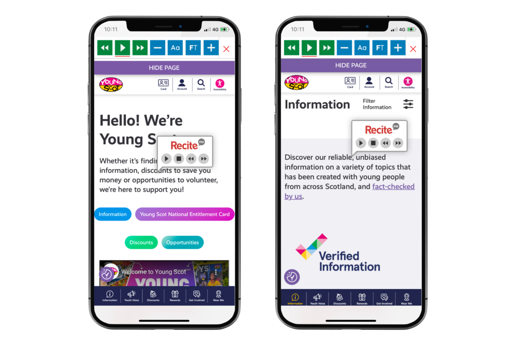 Mock-up of the Recite Me toolbar being used on the Young Scot website.