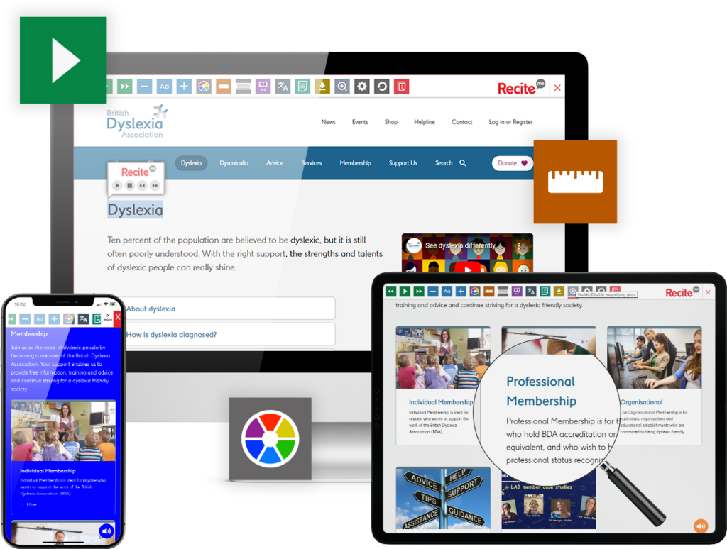 The British Dyslexia Association website open on different devices with the toolbar launched