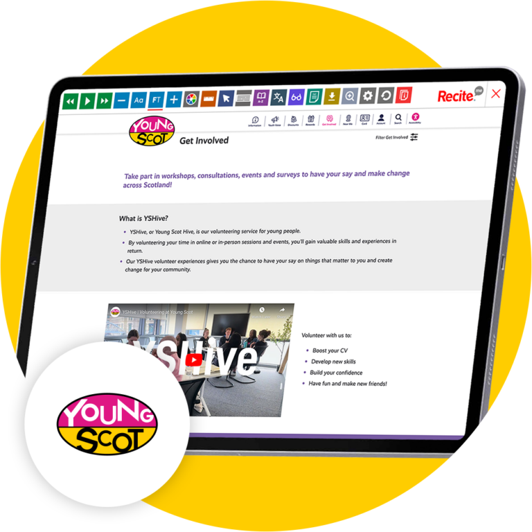 Mock-up of the Recite Me toolbar being used on the YoungScot website.