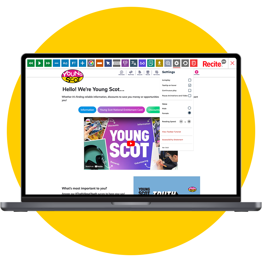 Mock-up of the Recite Me toolbar being used on the Young Scot website.